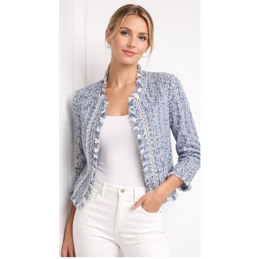 NIC+ZOE Blue Tweed Fringed Open Blazer